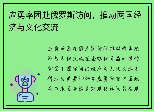 应勇率团赴俄罗斯访问，推动两国经济与文化交流