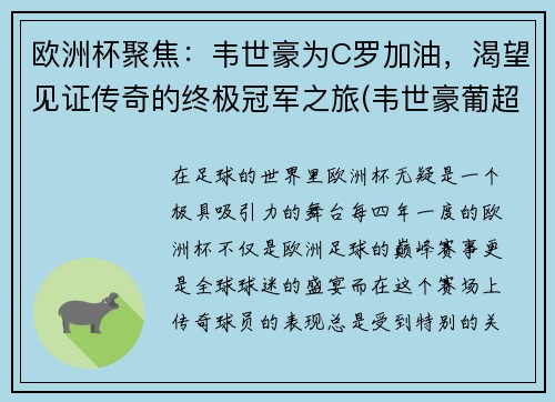 欧洲杯聚焦：韦世豪为C罗加油，渴望见证传奇的终极冠军之旅(韦世豪葡超集锦)