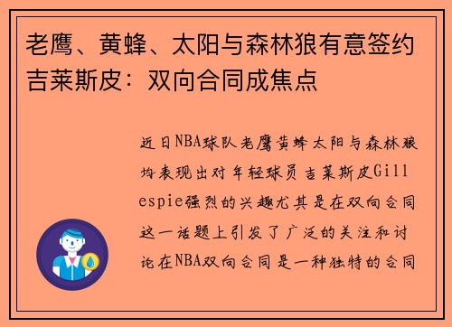 老鹰、黄蜂、太阳与森林狼有意签约吉莱斯皮：双向合同成焦点