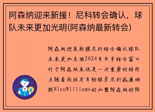 阿森纳迎来新援！尼科转会确认，球队未来更加光明(阿森纳最新转会)