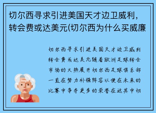 切尔西寻求引进美国天才边卫威利，转会费或达美元(切尔西为什么买威廉)