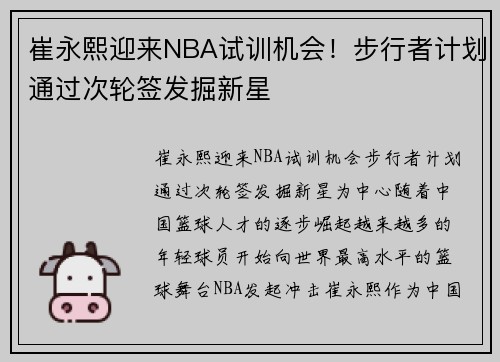 崔永熙迎来NBA试训机会！步行者计划通过次轮签发掘新星
