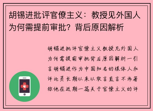 胡锡进批评官僚主义：教授见外国人为何需提前审批？背后原因解析