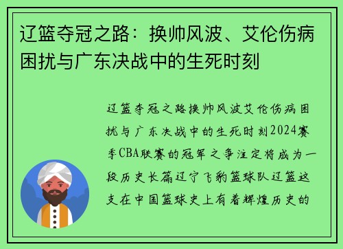 辽篮夺冠之路：换帅风波、艾伦伤病困扰与广东决战中的生死时刻